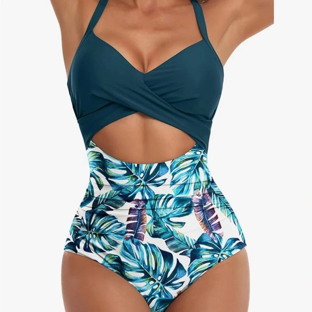 Elegant Teal and Leaf Print One Piece Swimsuit
